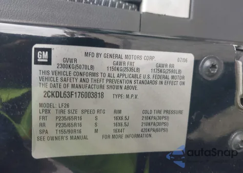 2007 Pontiac Torrent z USA, uszkodzony, nr VIN 2CKDL63F176003818
